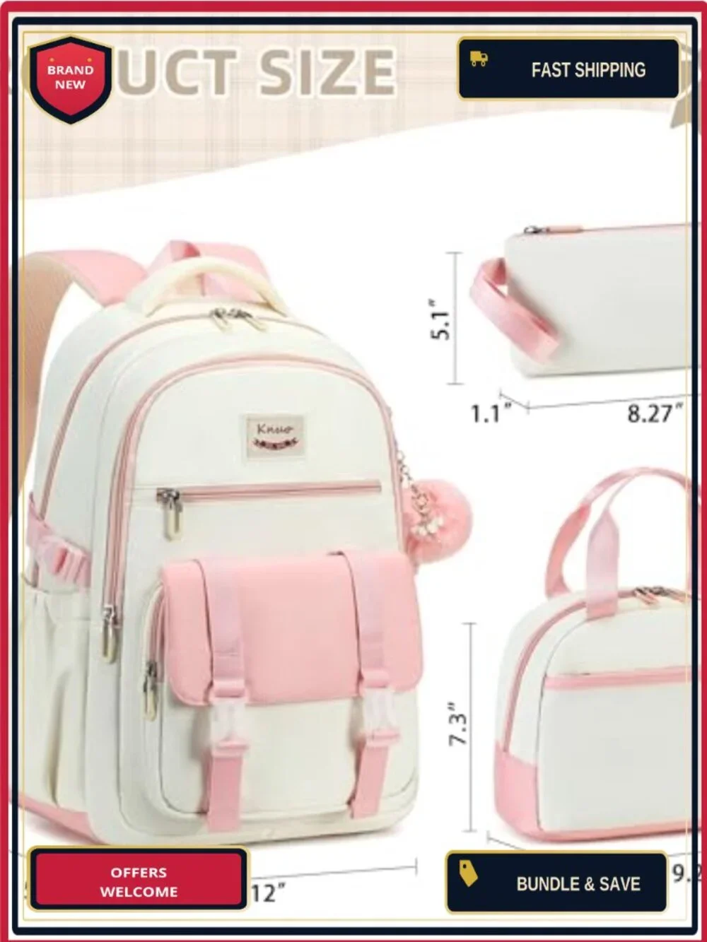 3-Piece Backpack Set with Lunch Bag & Pencil Pouch for Girls, Teens, Women,